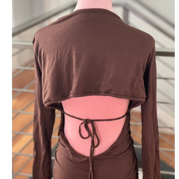 Naked Wardrobe Ruched Long Sleeve Back Cutout Mini Dress in Chocolate - Picture 6 of 11